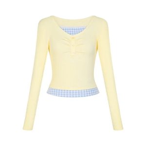 Y2K Fashion Lemon Gingham Layered Top - Cute Pastel Goth Aesthetic