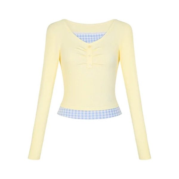 Y2K Fashion Lemon Gingham Layered Top - Cute Pastel Goth Aesthetic