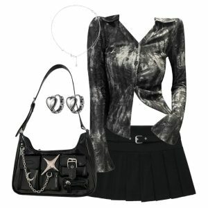 Y2K Fashion: Metallic Asymmetrical Blouse & Chic Zipper Skirt Set