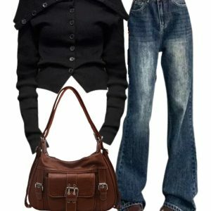 Y2K Fashion: Noir Off-Shoulder Cardigan & Vintage Flare Jeans Outfit