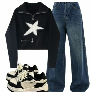 Y2K Fashion: Oversized Dark Wash Jeans, Star Zip-Up Sweater & Pastel Sneakers