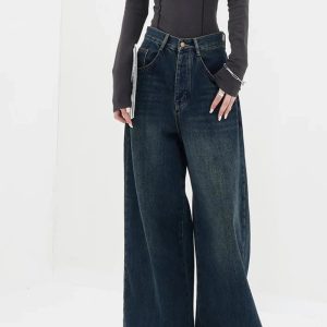 Y2K Fashion Oversized Dark Wash Wide-Leg Jeans for Grunge Aesthetic