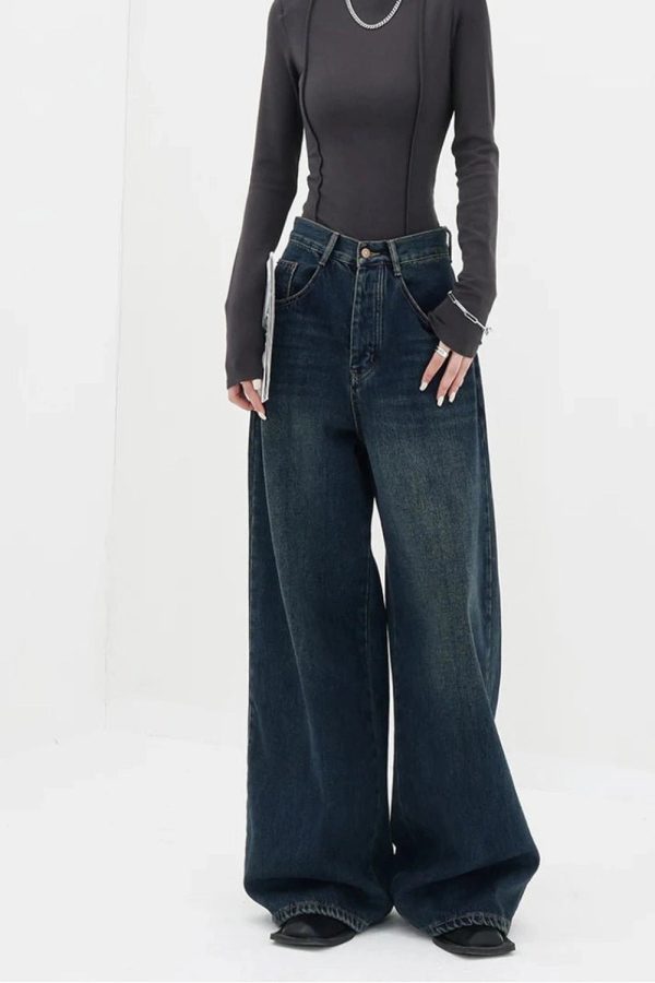 Y2K Fashion Oversized Dark Wash Wide-Leg Jeans for Grunge Aesthetic