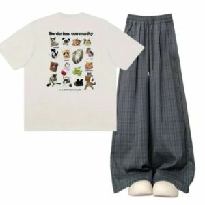 Y2K Fashion: Oversized Plaid Slouchy Pants & Cute Pet Print Tee Outfit