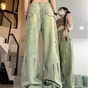 Y2K Fashion Paint Splatter Grunge Wide-Leg Jeans for Trendy Outfits