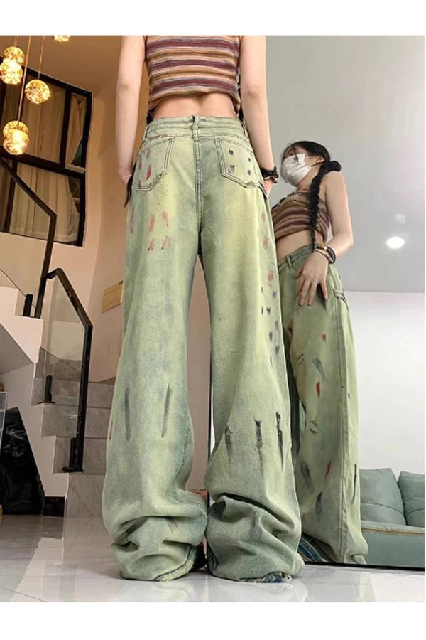 Y2K Fashion Paint Splatter Grunge Wide-Leg Jeans for Trendy Outfits