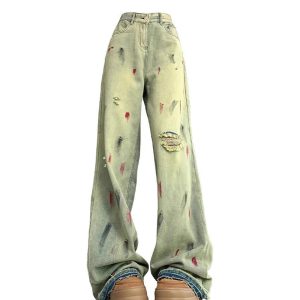 Y2K Fashion Paint Splatter Grunge Wide-Leg Jeans for Trendy Outfits