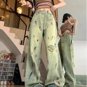 Y2K Fashion Paint Splatter Grunge Wide-Leg Jeans for Trendy Outfits