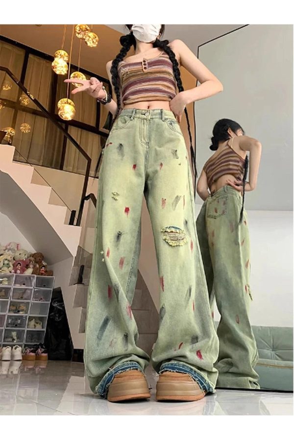 Y2K Fashion Paint Splatter Grunge Wide-Leg Jeans for Trendy Outfits