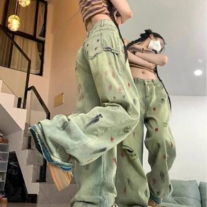 Y2K Fashion Paint Splatter Grunge Wide-Leg Jeans for Trendy Outfits