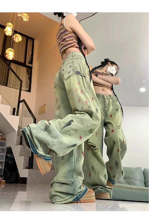 Y2K Fashion Paint Splatter Grunge Wide-Leg Jeans for Trendy Outfits