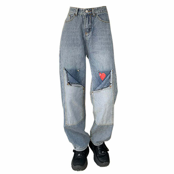 Y2K Fashion Pixel Heart Wide Jeans - Cute Pastel Goth & Grunge Aesthetic