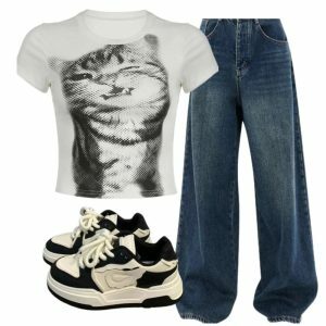 Y2K Fashion: Pixelated Cat Crop Top, Baggy Dark Wash Jeans & Pastel Sneakers