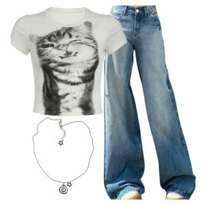 Y2K Fashion: Pixelated Cat Crop Top, Light Wash Wide-Leg Denim & Punk Necklaces