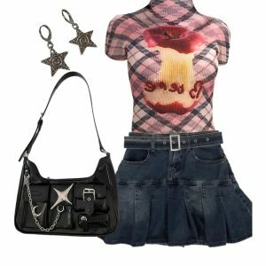 Y2K Fashion Plaid Mesh Crop Top & Vintage Denim Mini Skirt Outfit