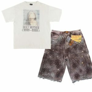 Y2K Fashion: Rhinestone Distressed Denim Shorts & Holy Mother Tee Outfit