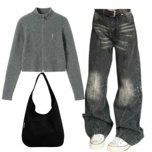 Y2K Fashion: Ribbed Zip-Up Turtleneck & Washed Black Wide-Leg Jeans Set