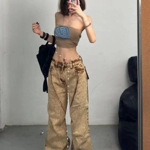 Y2K Fashion Sandstone Washed Baggy Jeans for Grunge & Coquette Aesthetic