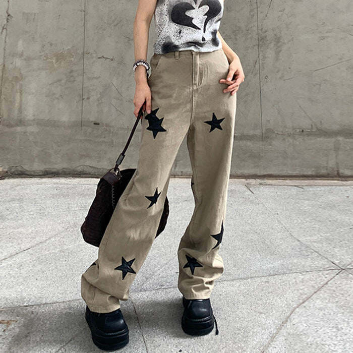 Y2K Fashion Skater Girl Star Jeans - Cute Grunge Aesthetic Outfit