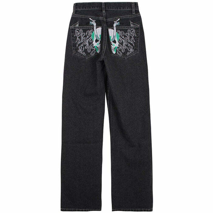 Y2K Fashion Skeleton Embroidery Jeans for Grunge & Coquette Aesthetic