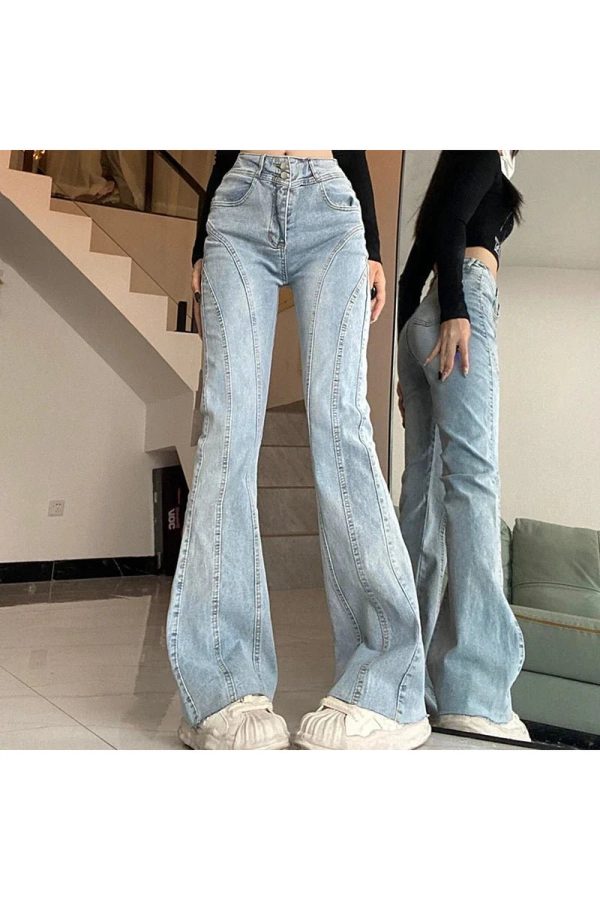 Y2K Fashion Skywave Stitch Flare Jeans for Grunge & Coquette Aesthetic