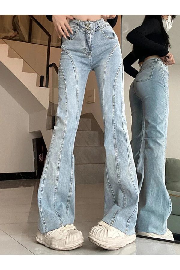 Y2K Fashion Skywave Stitch Flare Jeans for Grunge & Coquette Aesthetic