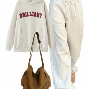 Y2K Fashion: Statement Hoodie & Vintage Gray Joggers with Black Bag