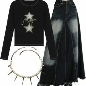 Y2K Fashion: Stellar Sparkle Top, Faded Black Maxi Skirt & Pearl Spike Necklace