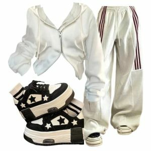 Y2K Fashion: Striped Cargo Skirt, White Zip Hoodie & Acubi Star Shoes