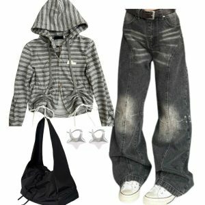 Y2K Fashion: Striped Zip-Up Hoodie, Black Wide-Leg Jeans & Bucket Bag