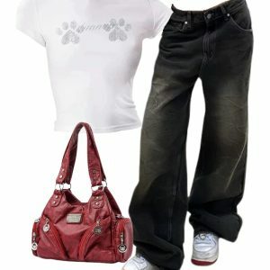 Y2K Fashion: Vintage Baggy Jeans & Rhinestone Paw Print Top with Zipper Bag