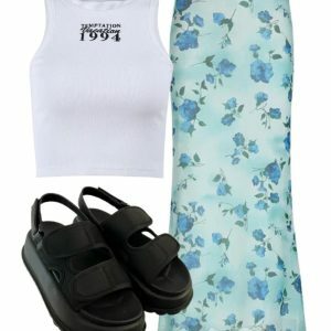 Y2K Fashion: Vintage Ribbed Tank, Blue Blossom Maxi Skirt & Chunky Sandals