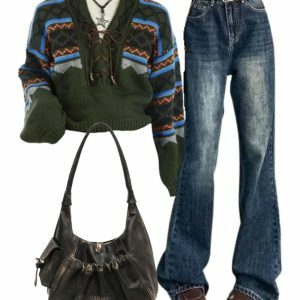 Y2K Fashion: Vintage Wash Flare Jeans & Fair Isle Sweater Outfit