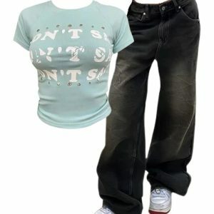 Y2K Fashion: Vintage Washed Baggy Jeans & Studded Graphic Baby Top