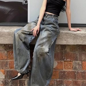 Y2K Fashion Wide-Leg Jeans: Grunge Aesthetic & Cute Tops Essential