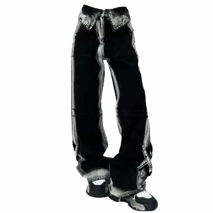 Y2K Fashion Wide Leg Jeans with 90's Kids Collar - Grunge & Coquette Aesthetic