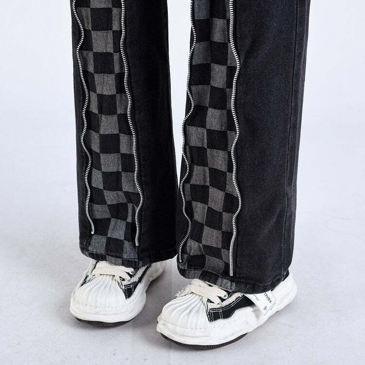 Y2K Fashion Zip Up Checker Jeans for Grunge & Coquette Aesthetic