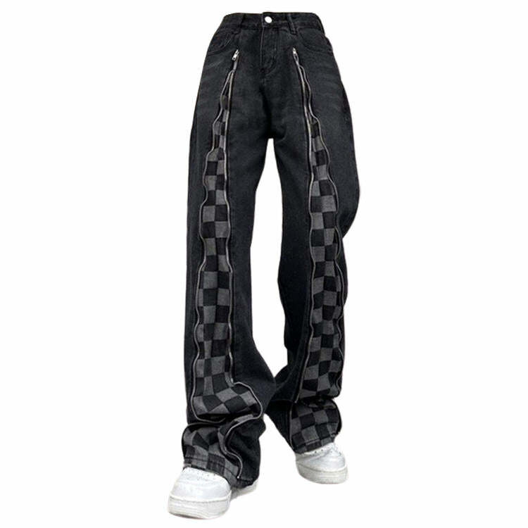 Y2K Fashion Zip Up Checker Jeans for Grunge & Coquette Aesthetic