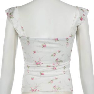 Y2K Floral Ruffle Strap Top - Coquette Aesthetic Cute Pastel Goth Style