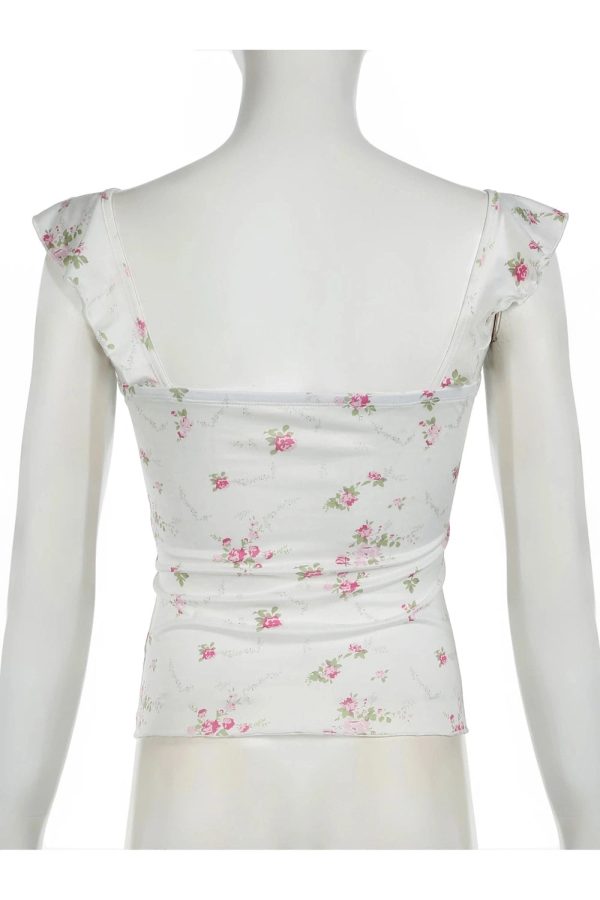 Y2K Floral Ruffle Strap Top - Coquette Aesthetic Cute Pastel Goth Style