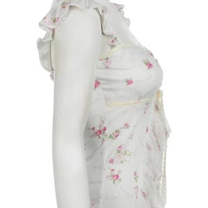 Y2K Floral Ruffle Strap Top - Coquette Aesthetic Cute Pastel Goth Style