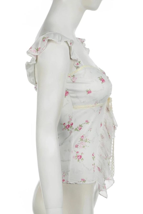 Y2K Floral Ruffle Strap Top - Coquette Aesthetic Cute Pastel Goth Style