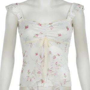 Y2K Floral Ruffle Strap Top - Coquette Aesthetic Cute Pastel Goth Style