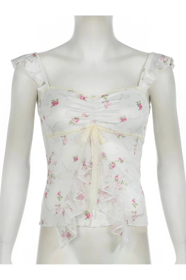 Y2K Floral Ruffle Strap Top - Coquette Aesthetic Cute Pastel Goth Style