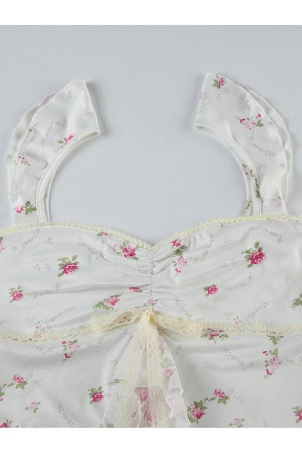 Y2K Floral Ruffle Strap Top - Coquette Aesthetic Cute Pastel Goth Style