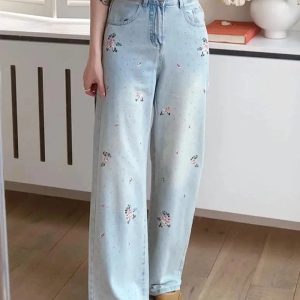 Y2K Floral Wide-Leg Jeans: Cute Pastel Goth & Grunge Aesthetic Vibes