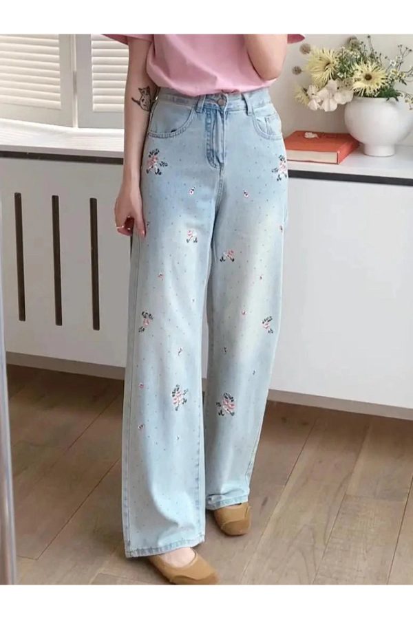 Y2K Floral Wide-Leg Jeans: Cute Pastel Goth & Grunge Aesthetic Vibes