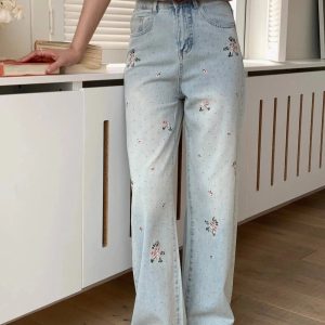 Y2K Floral Wide-Leg Jeans: Cute Pastel Goth & Grunge Aesthetic Vibes