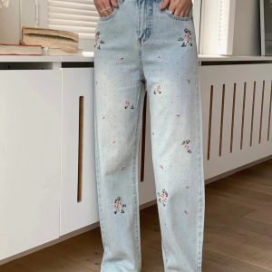 Y2K Floral Wide-Leg Jeans: Cute Pastel Goth & Grunge Aesthetic Vibes