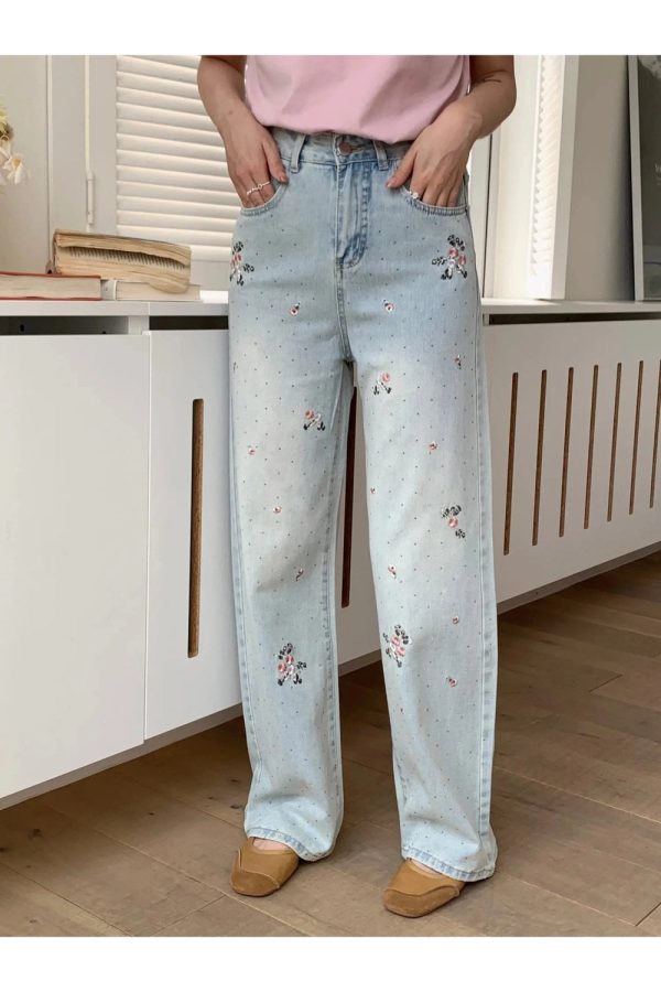 Y2K Floral Wide-Leg Jeans: Cute Pastel Goth & Grunge Aesthetic Vibes